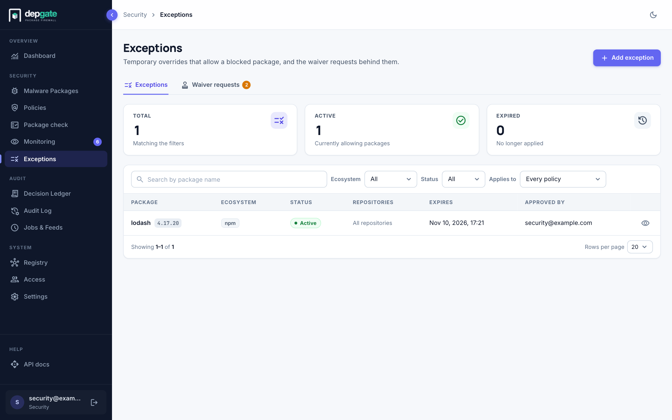 The Exceptions page