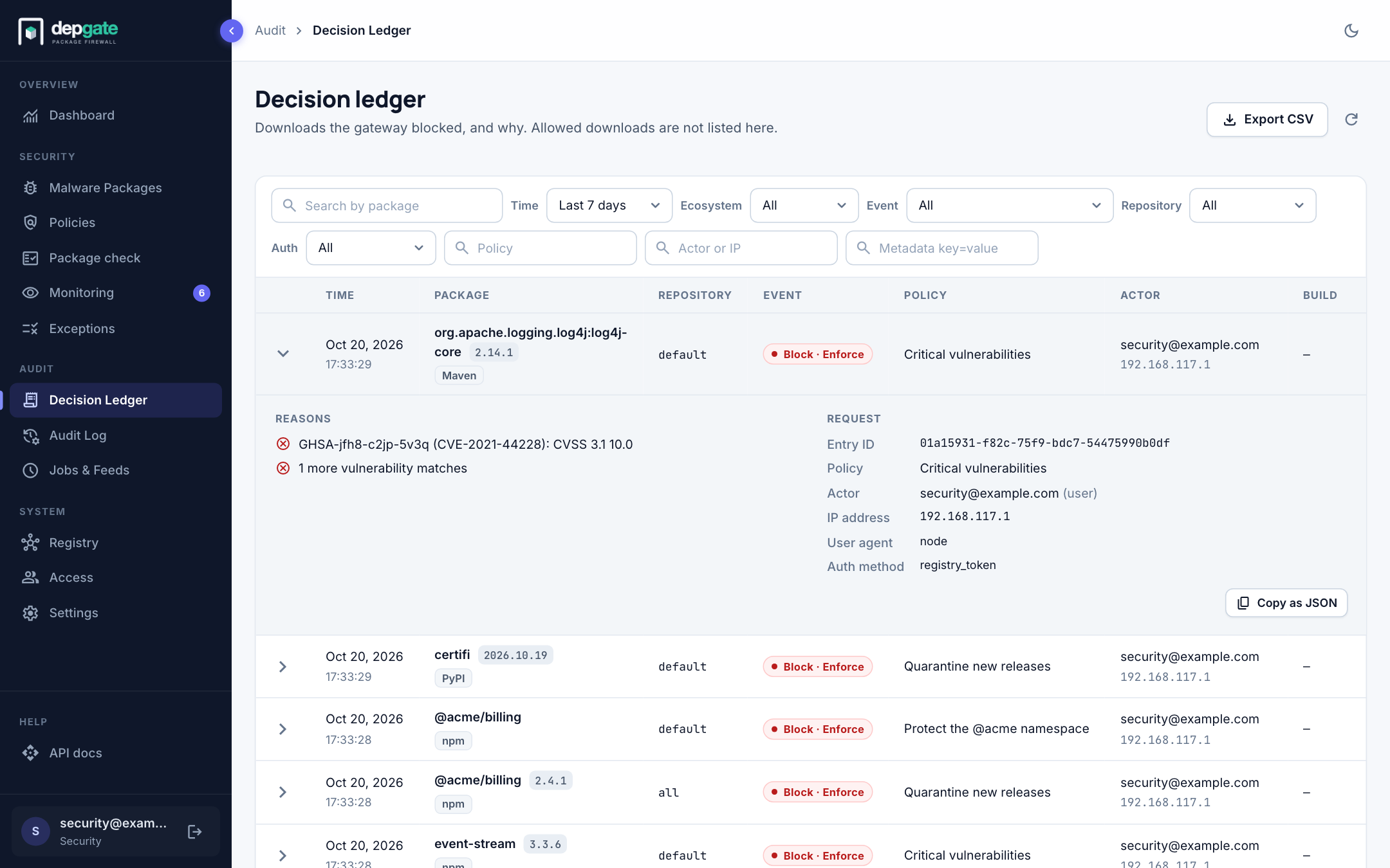An expanded ledger entry for a blocked download