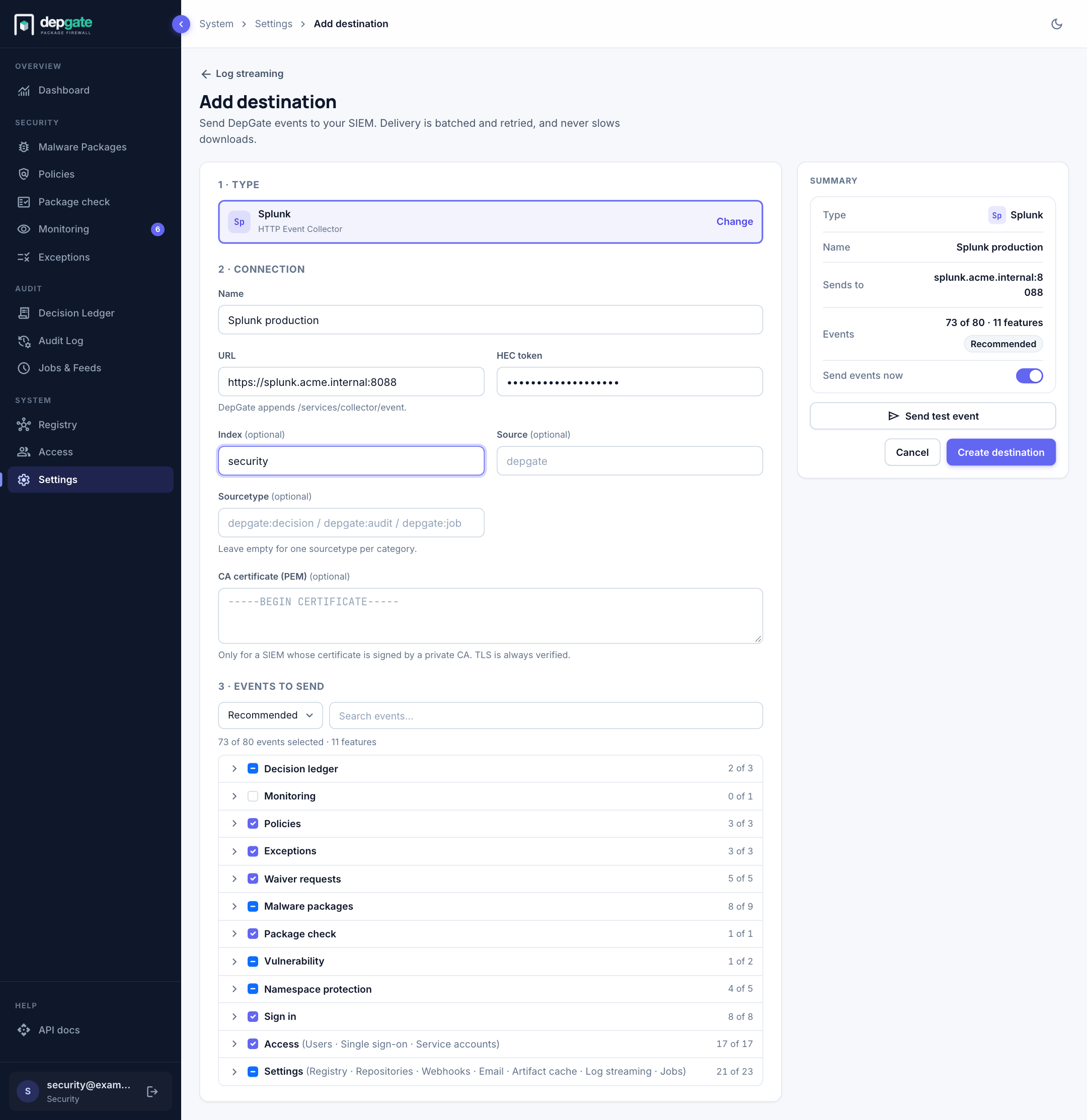 Adding a Splunk destination