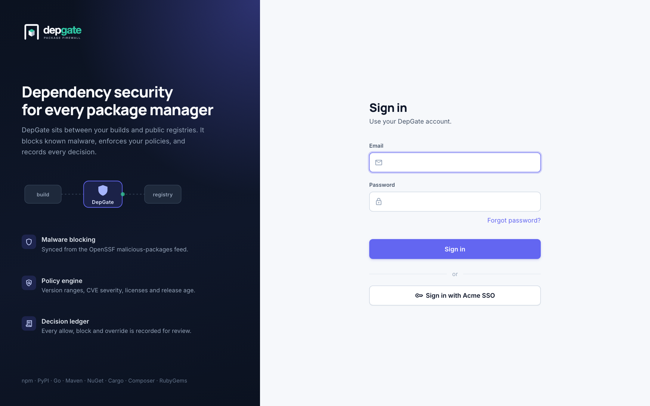 The DepGate sign-in page