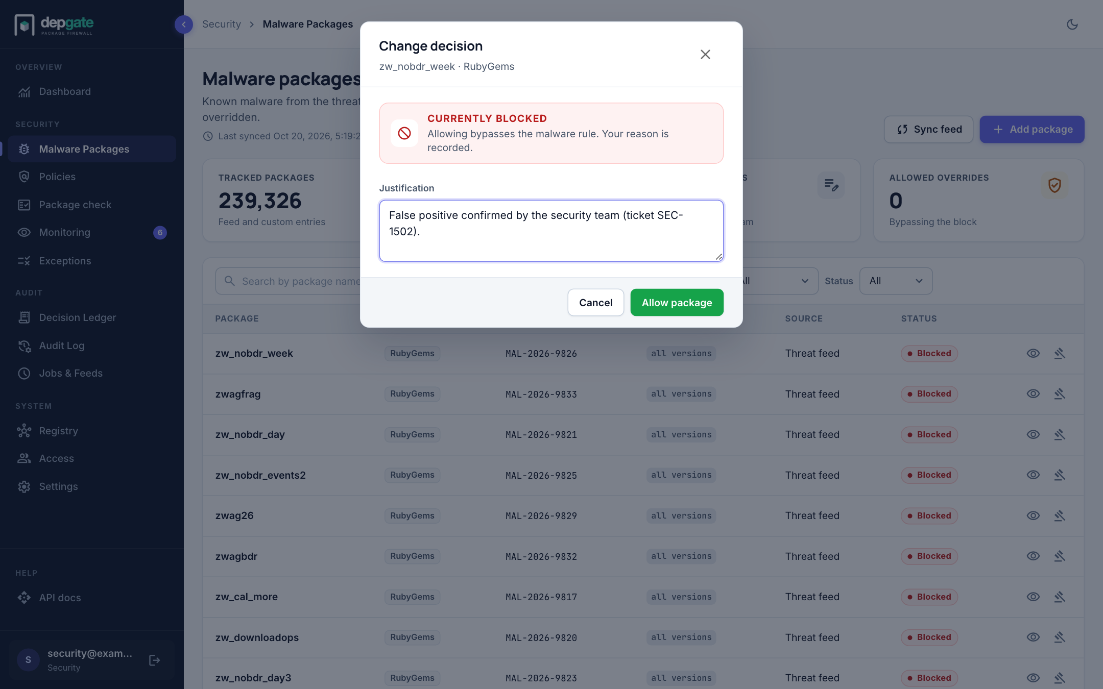 Allowing a malware entry