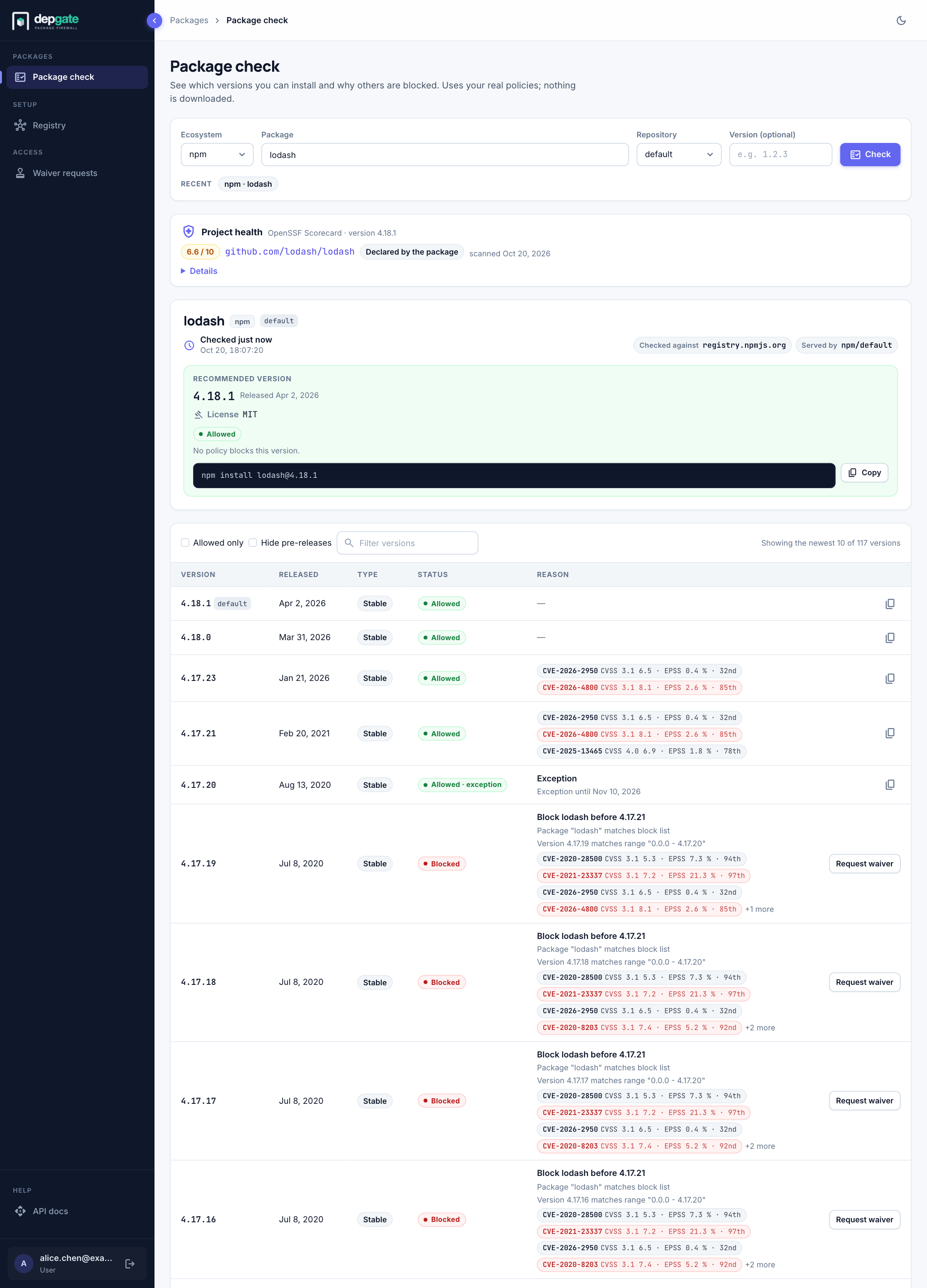 Package check results for lodash