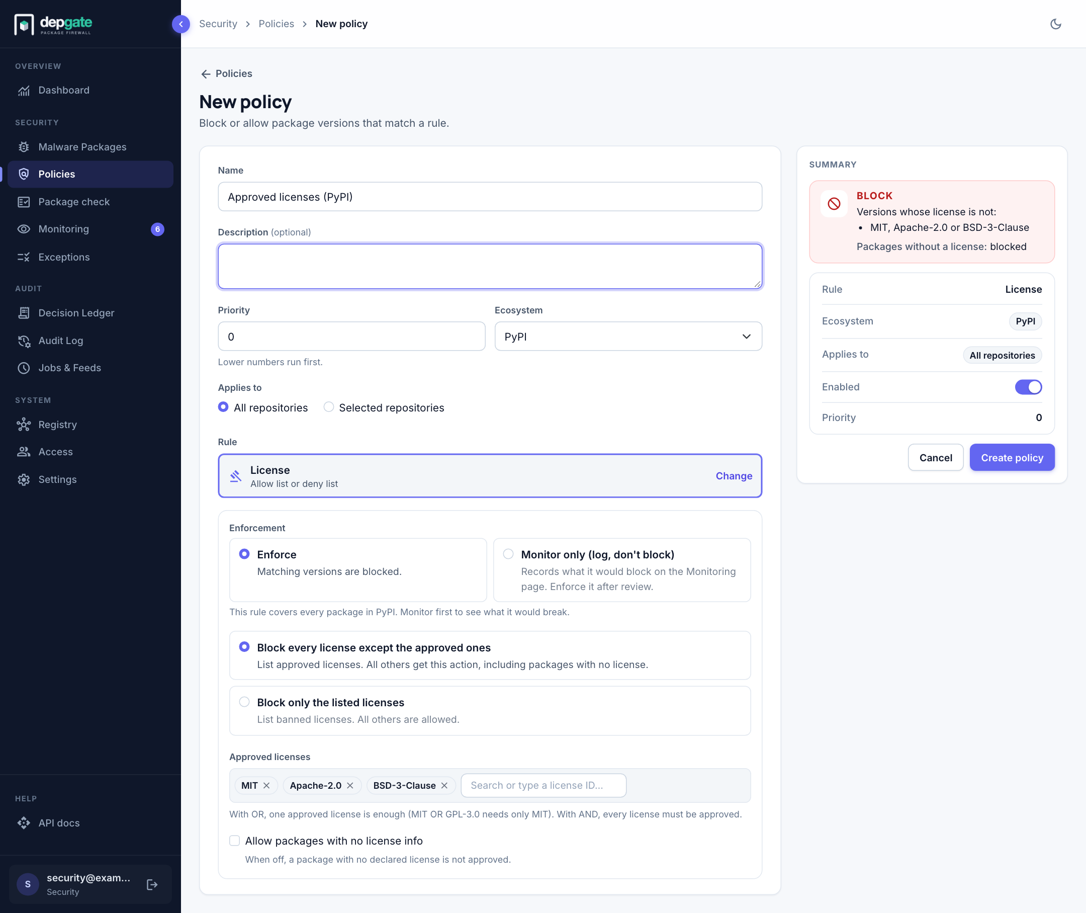 A License policy with an approved list