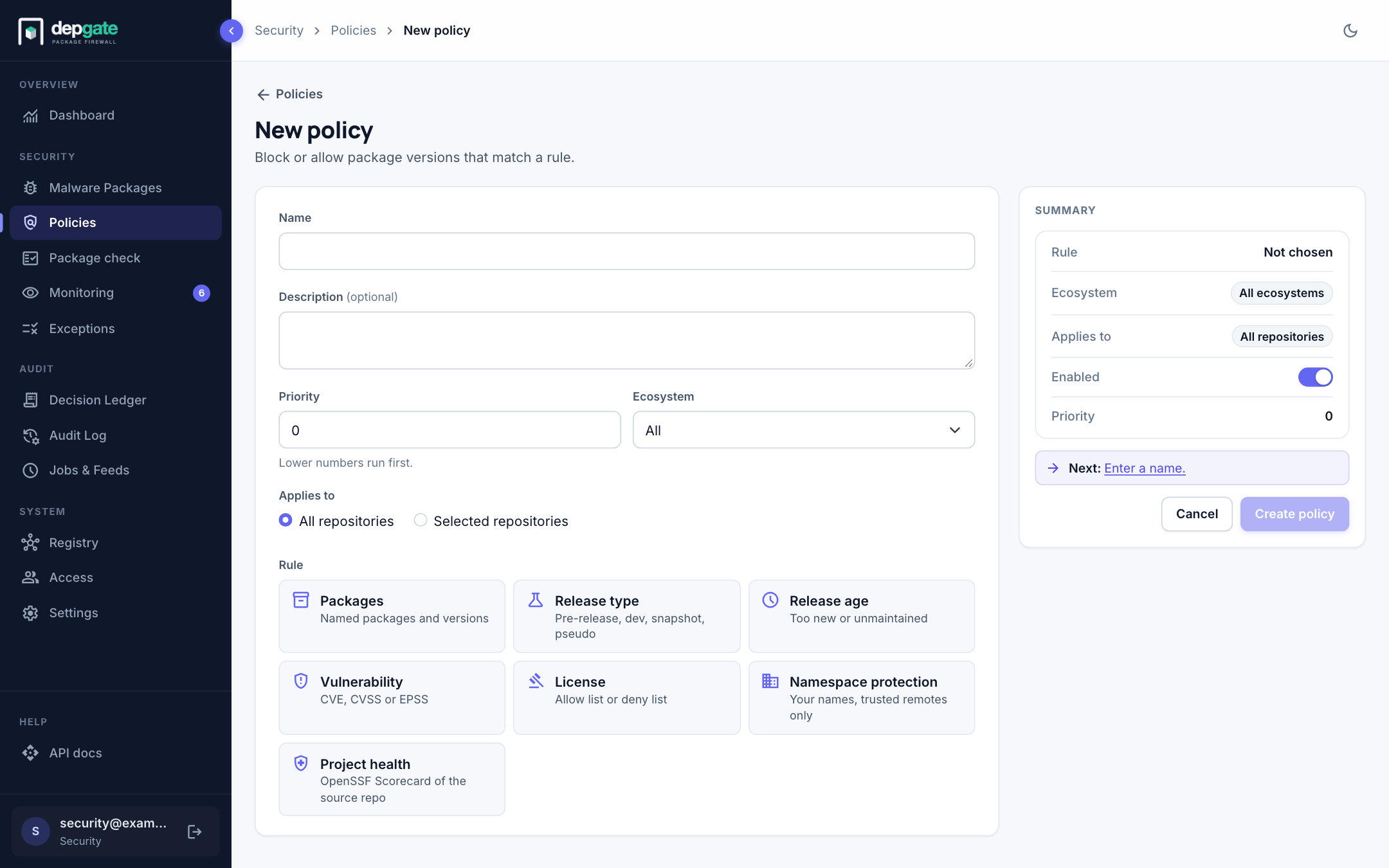 An empty New policy form