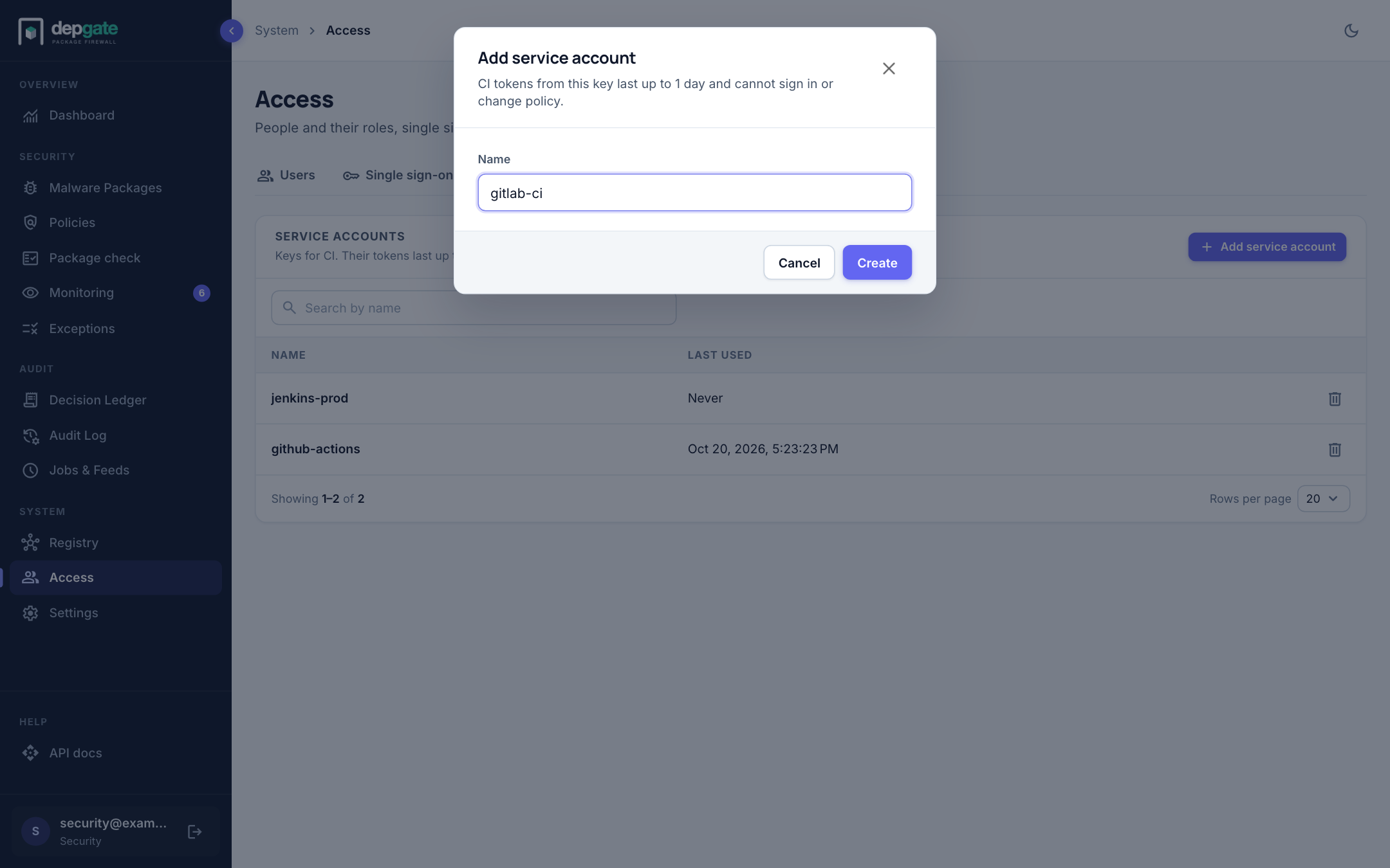 Creating a service account