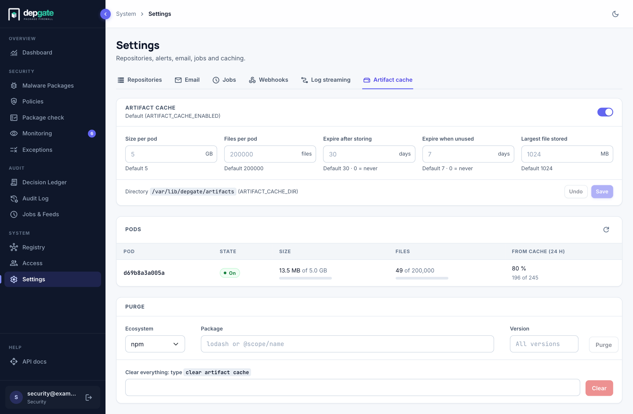 Settings → Artifact cache
