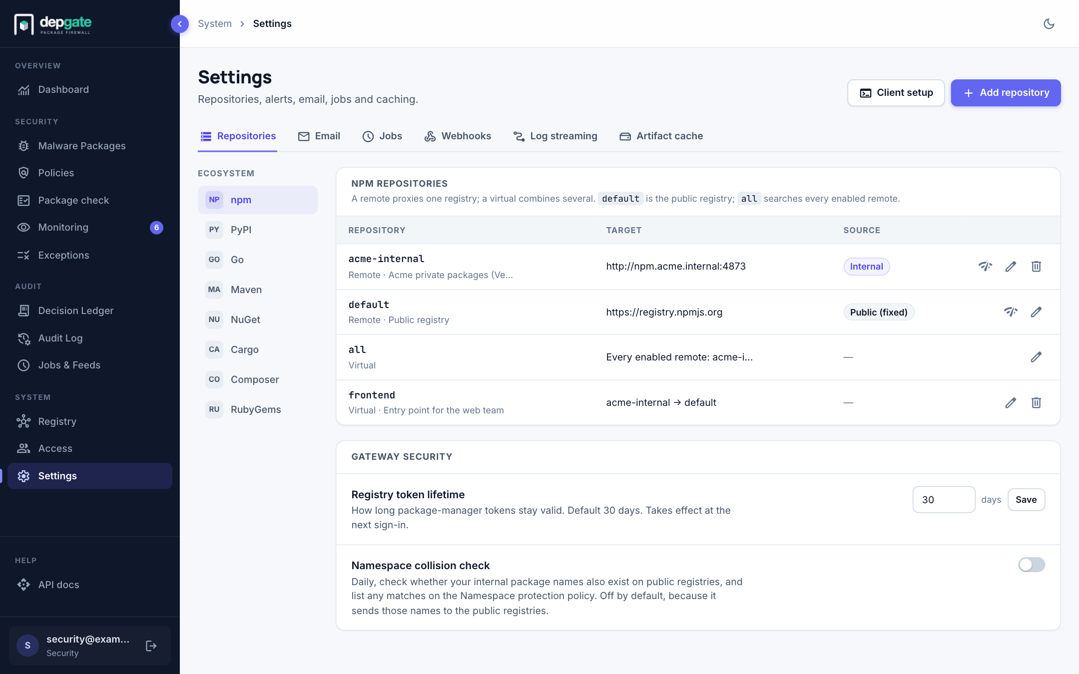 Repositories for npm, with the gateway security controls
