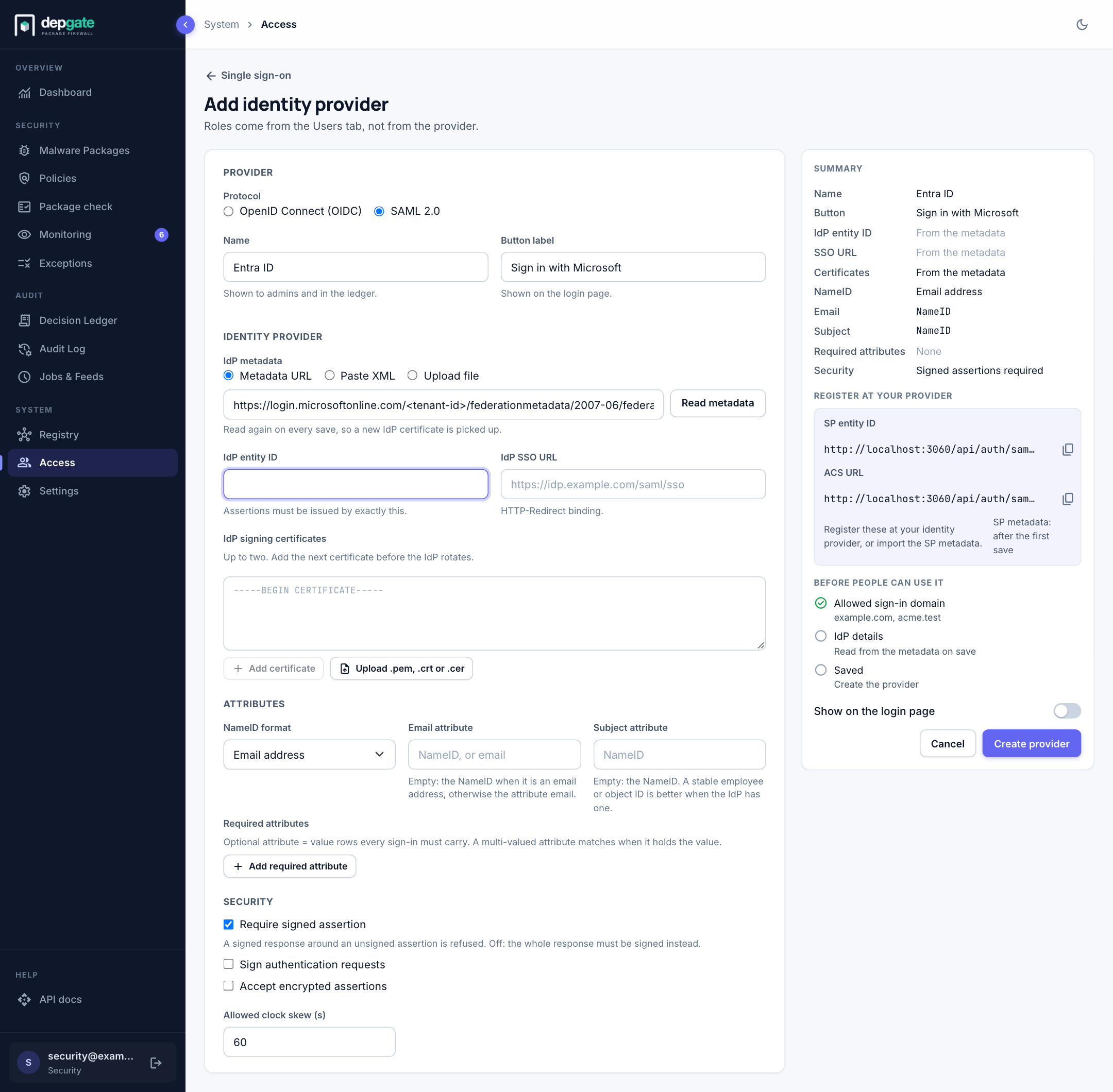 Adding a SAML provider