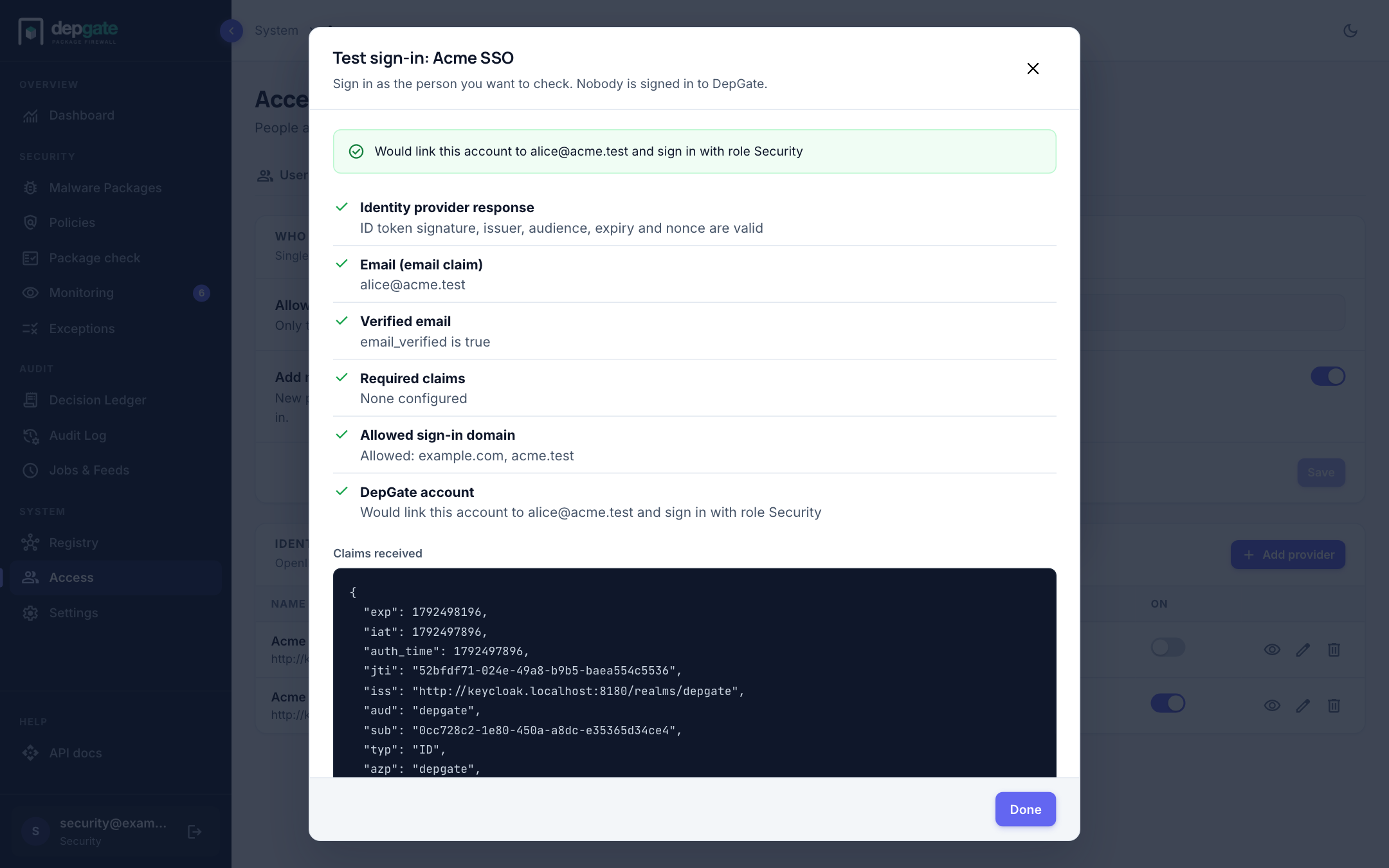 The result of a test sign-in