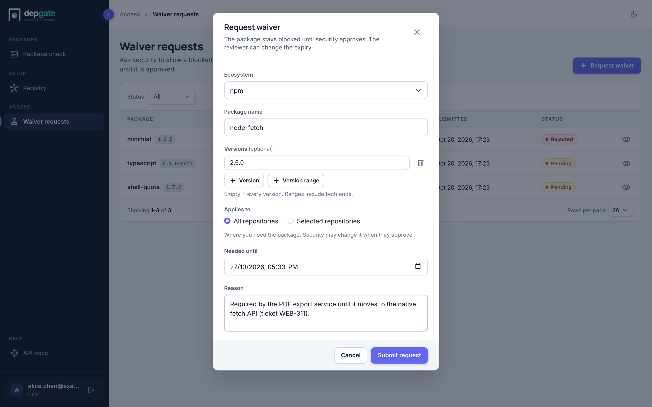 The Request waiver form